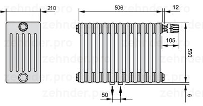 Схема (чертеж) Радиатор Zehnder Charleston 6055/11 №V008 Белый глянцевый RAL 9016